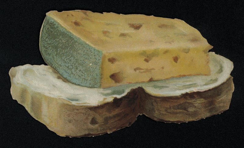 Cartão de felicitações em forma de pão e queijo. (chromolitho) de English School