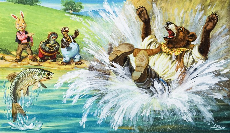 Brer Bear a cair no rio (guache sobre papel) de English School