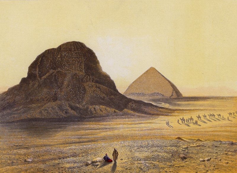 Pirâmides de tijolo de Dashour, Egipto, Ex V 5 18 (litografia a cores) de English School