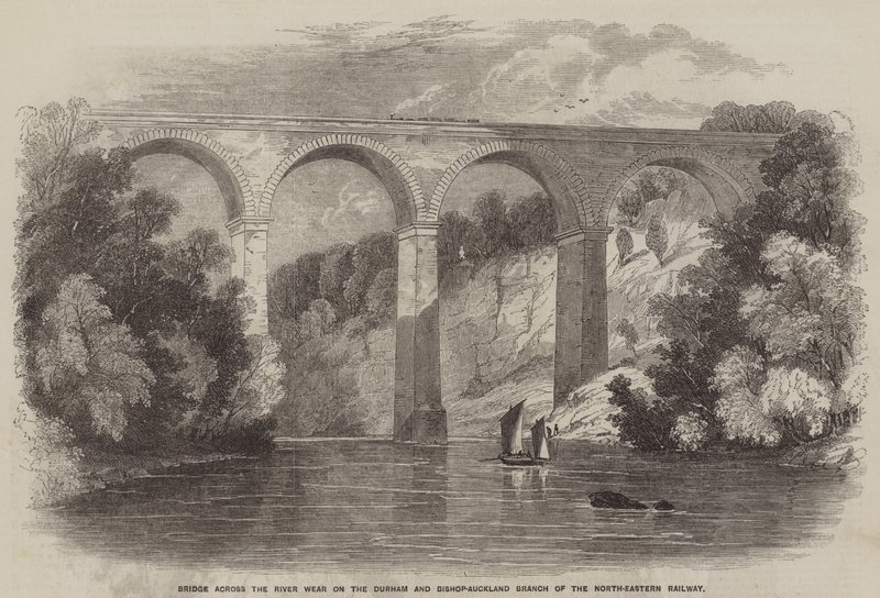 Ponte sobre o rio Wear no braço Durham e Bishop-Auckland da Ferrovia do Nordeste (gravura) de English School