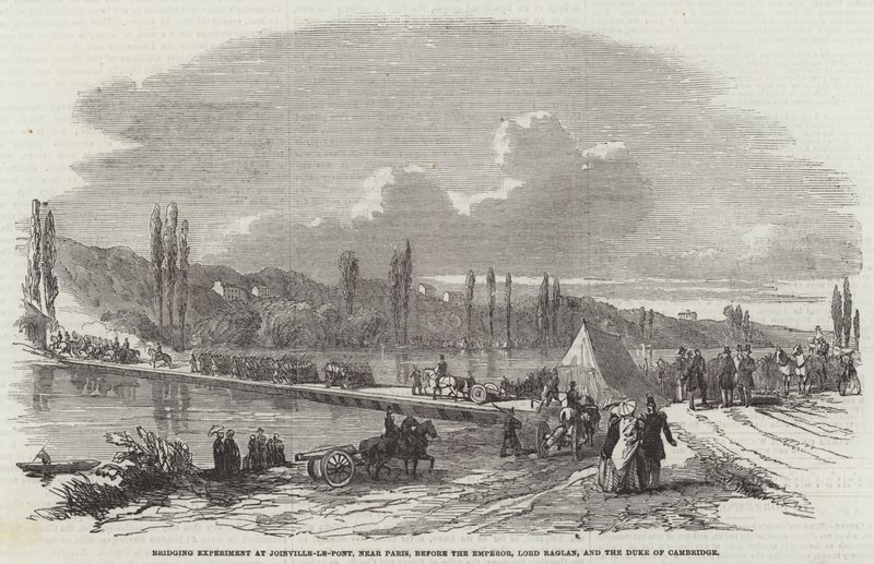 Experiência de ponte em Joinville-le-Pont, perto de Paris, perante o Imperador, Lord Raglan, e o Duque de Cambridge (gravura) de English School