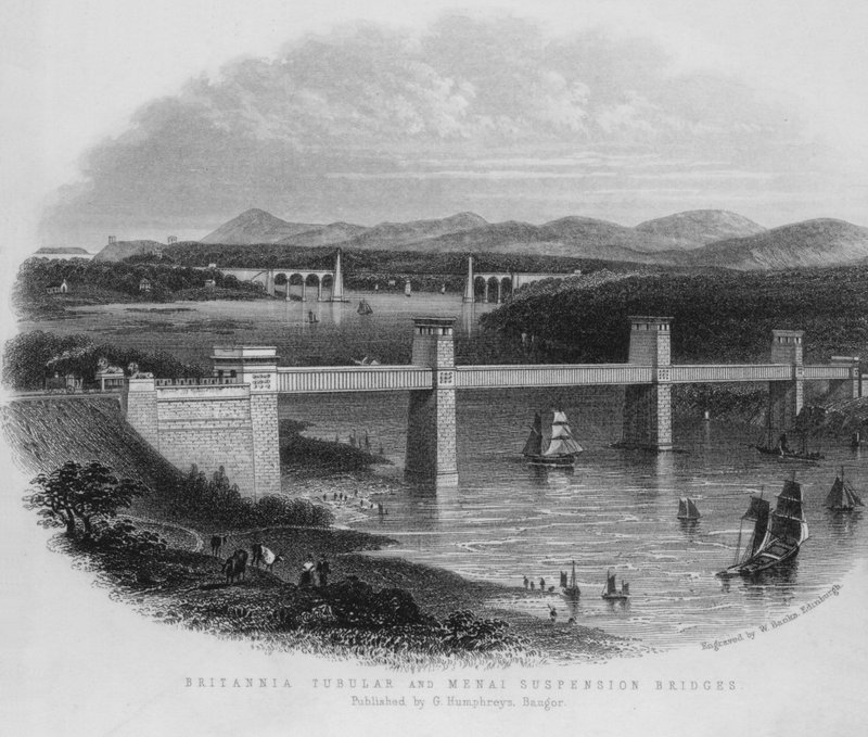 Britannia Tubular and Menai Suspension Bridges (gravura) de English School