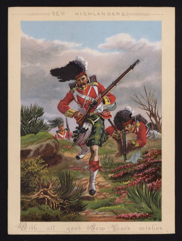 Soldados do exército britânico dos 92nd Highlanders, cartão de felicitações de Ano Novo (litografia a cores) de English School