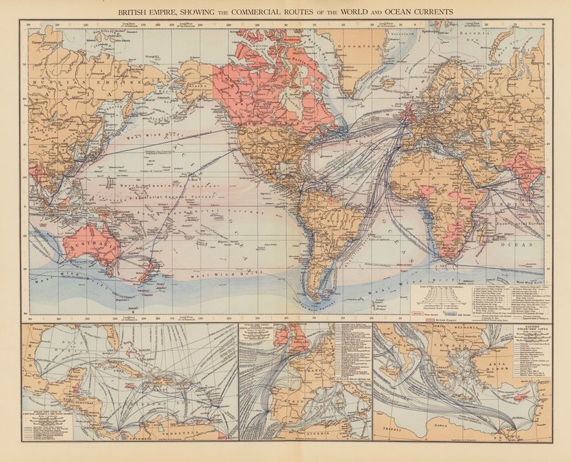 Império Britânico, mostrando as rotas comerciais do mundo e as correntes oceânicas (litografia a cores) de English School