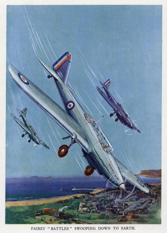 Bombardeiros leves Fairey Battle britânicos a mergulhar em direcção ao solo (cor litho) de English School