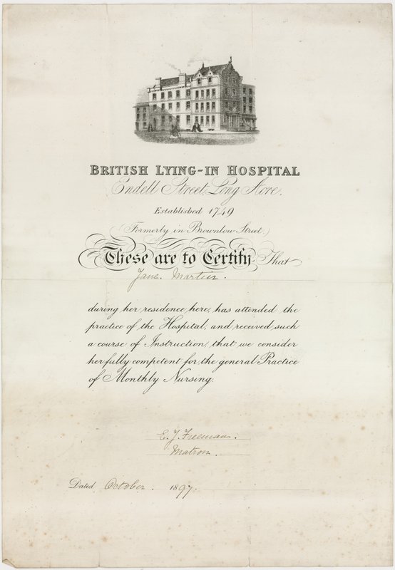 British Lying-In Hospital. Certificado de enfermagem de English School