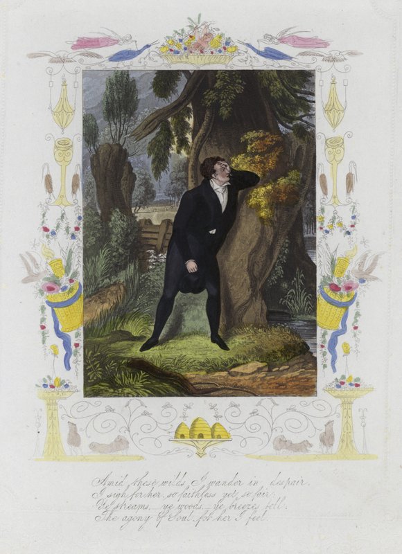 Cartão britânico dos Namorados com uma imagem de um homem aflito de pé junto ao tronco de uma árvore de English School