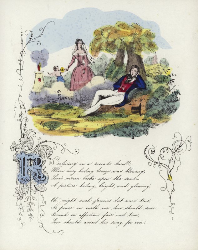 Cartão de dia dos namorados britânico com uma imagem de um homem e uma mulher em um jardim com um querubim de English School