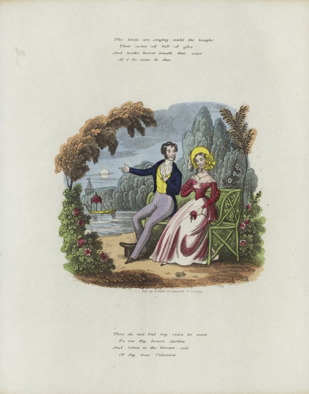 Cartão de dia dos namorados britânico com uma imagem de um homem e uma mulher sentada em um jardim de English School