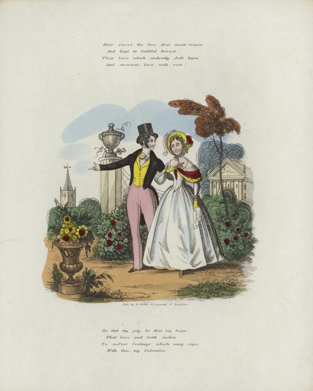 Cartão de dia dos namorados britânico com uma imagem de um homem e uma mulher andando em um jardim de English School
