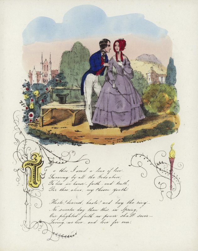 Cartão de dia dos namorados britânico com uma imagem de um homem e uma mulher andando em um jardim de English School