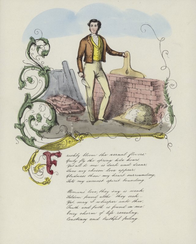 Cartão britânico dos Namorados com uma imagem de um homem construindo uma parede de tijolos de English School