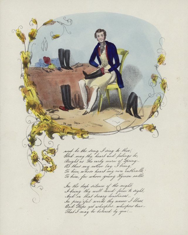 Cartão de dia dos namorados britânico com uma imagem de um homem reparando botas de English School
