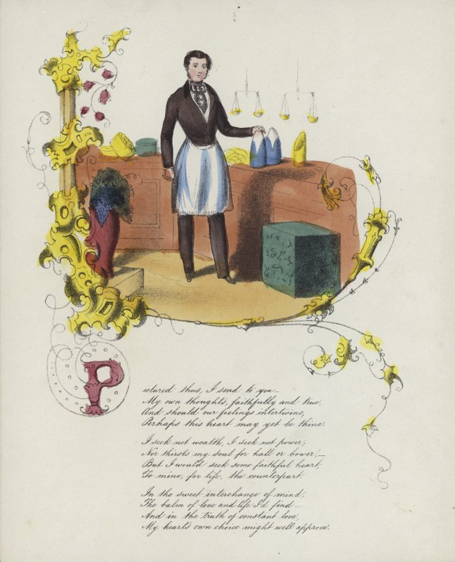 Cartão de dia dos namorados britânico com uma imagem de um homem parado por um balcão de loja de English School
