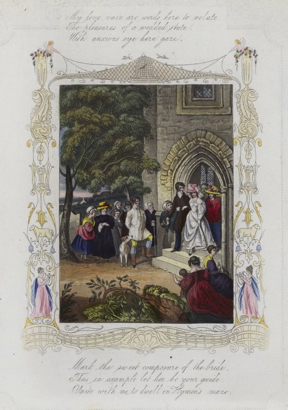 Cartão de dia dos namorados britânico com uma imagem de uma festa de casamento, deixando uma igreja de English School