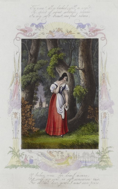 Cartão de dia dos namorados britânico com uma imagem de uma mulher em pé entre um grupo de árvores de English School