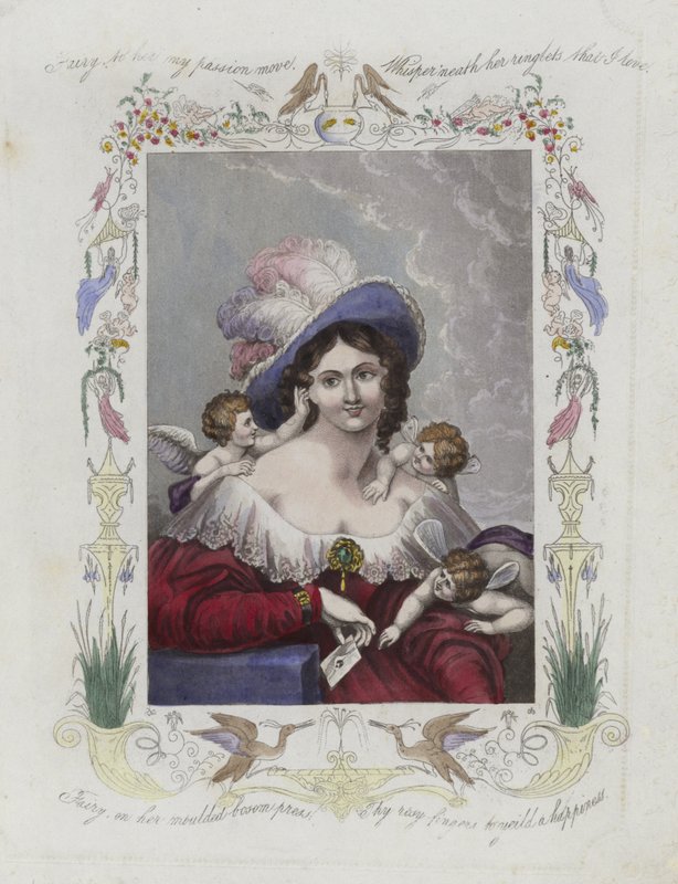 Cartão de dia dos namorados britânico com uma imagem de uma mulher rodeada de querubins de English School