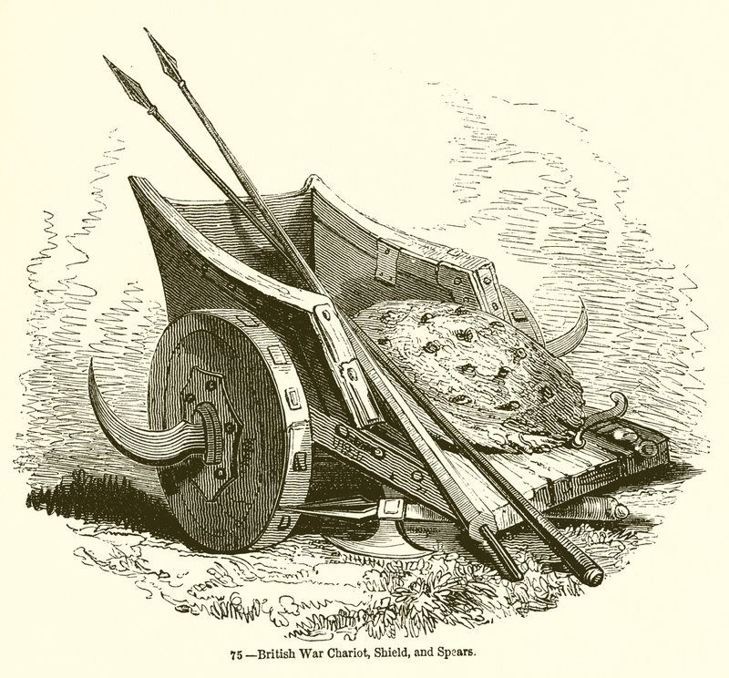 Carruagem de guerra britânica, escudo e lanças de English School