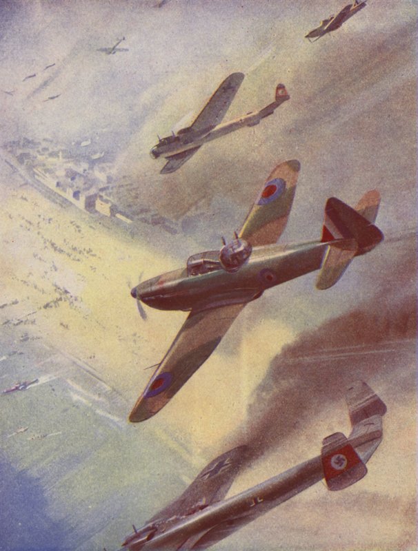 Aviões britânicos a atacar bombardeiros alemães (litografia a cores) de English School