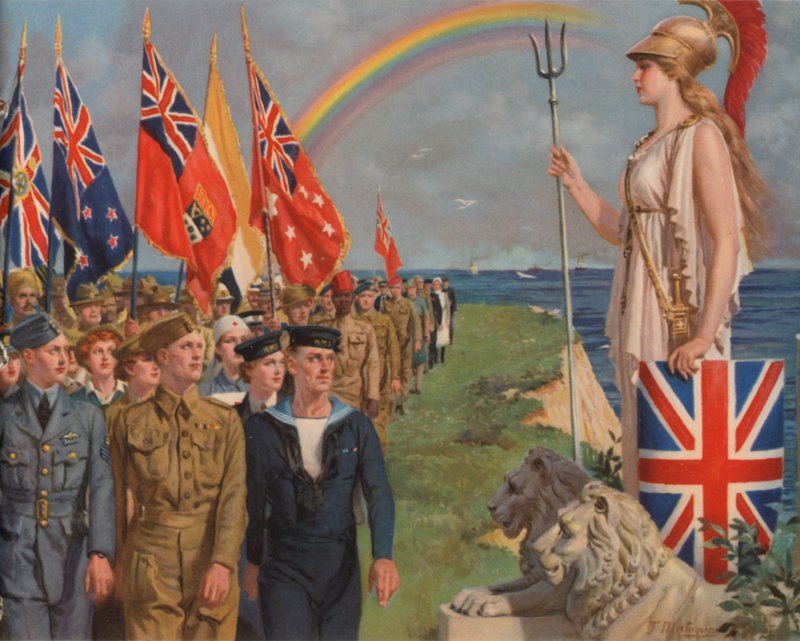 Militares britânicos e do Império e civis envolvidos no esforço de guerra desfilando antes da Britânia (cor litho) de English School