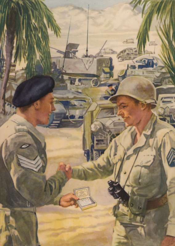 Sargento do exército britânico oferece um cigarro ao seu homólogo americano quando os aliados se encontram durante a campanha do Norte de África, Segunda Guerra Mundial de English School
