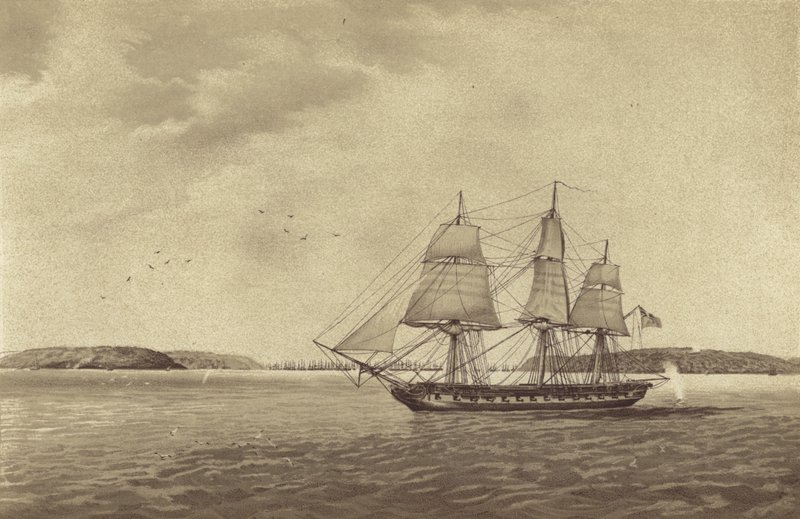 Fragata britânica HMS Fisgard, comandada pelo capitão Thmas Byam Martin, a fazer reconhecimento ao largo de Brest, França (litografia) de English School
