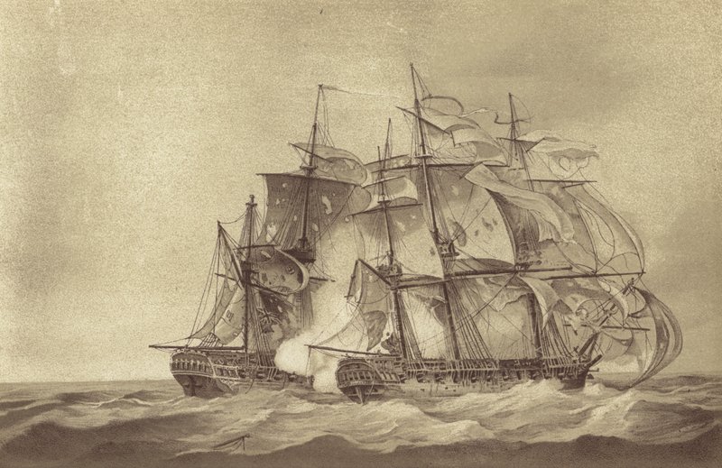 Fragata inglesa HMS Santa Margarita, comandada pelo Capitão Thomas Byam Martin, capturando a fragata francesa Tamise, junho de 1796 (litho) de English School