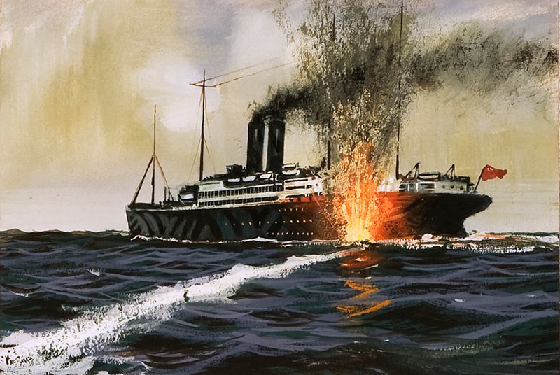 Navio britânico sendo atingido por um torpedo de English School