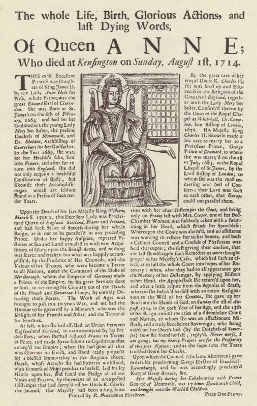 Broadside publicado sobre a morte da Rainha Anne de English School