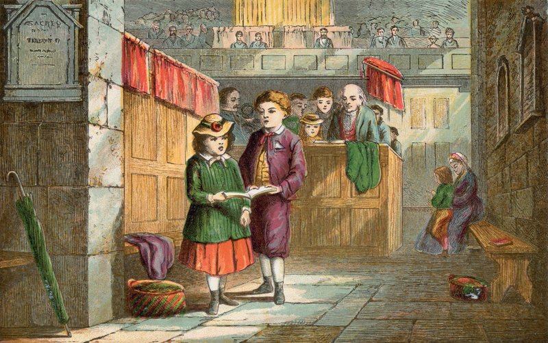 Irmão e irmã cantando hinos na igreja de English School