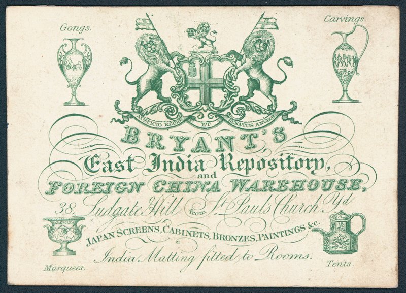 Bryants, East India Repository e armazém de china estrangeira, cartão de comércio de English School