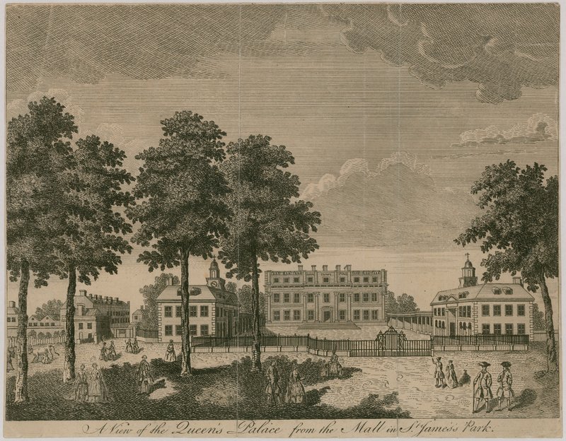 Buckingham House, uma vista do Palácio de Queens do shopping em St Jamess Park de English School