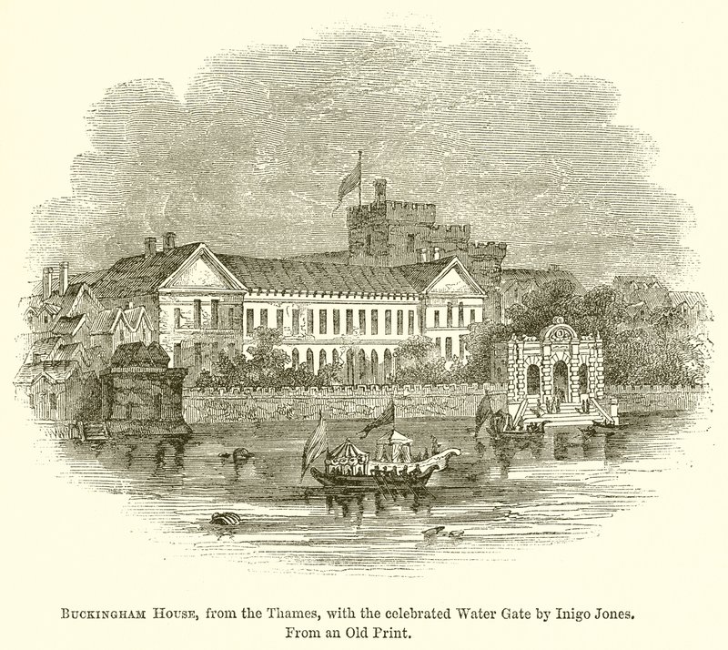 Buckingham House, do rio Tâmisa, com o célebre portão de água de Inigo Jones de English School