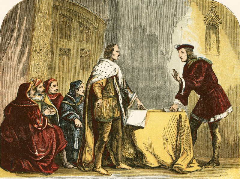 Buckingham rogando a Richard, duque de Glo&39;ster, para aceitar a coroa de English School