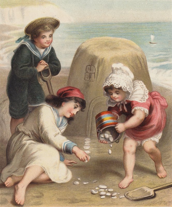 Construir um castelo de areia na praia (cromolitho) de English School