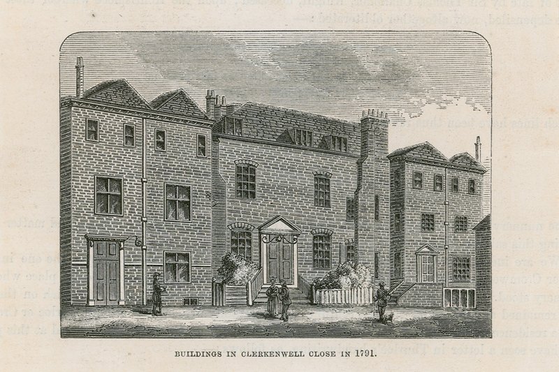 Edifícios em Clerkenwell Close in 1791 de English School