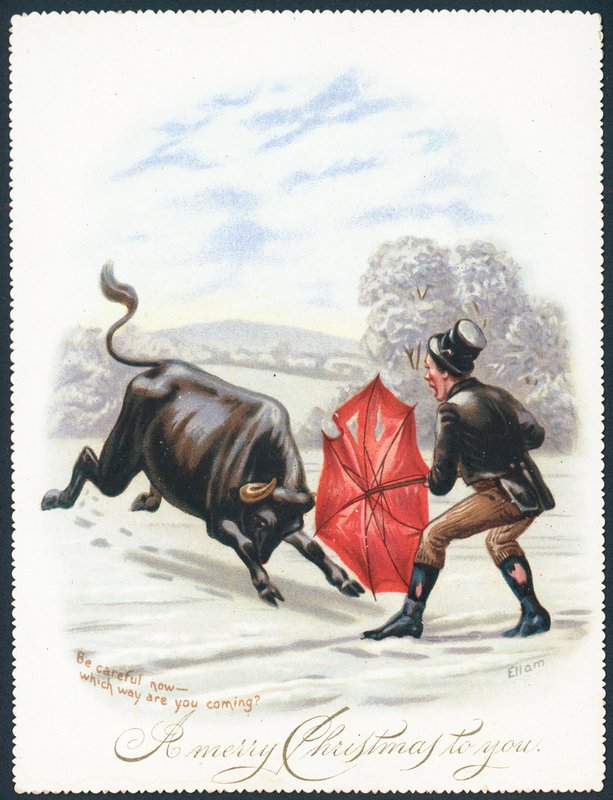 Touro carregando no guarda-chuva vermelho, cartão de Natal de English School