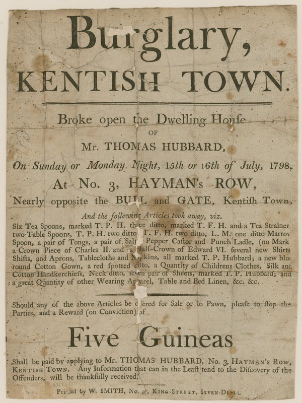 Roubo em Kentish Town em 1798. Recompensa de £ 5 de English School
