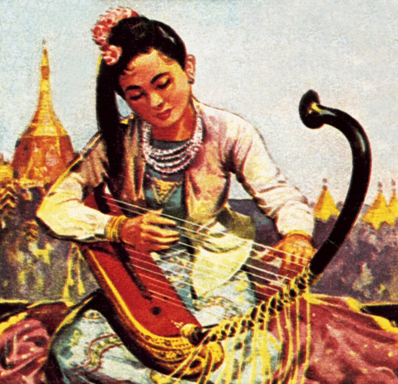 Menina birmanesa tocando harpa de English School