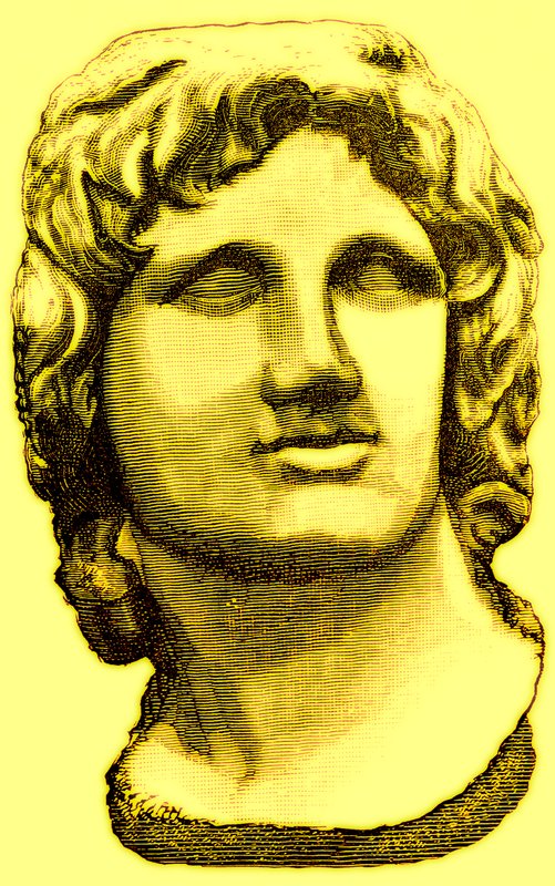 Busto de Alexandre, o Grande, do Museu Britânico, estátua no Vaticano, ilustração da História de Roma por Victor Duruy, publicado em 1884 (imagem digital melhorada) de English School