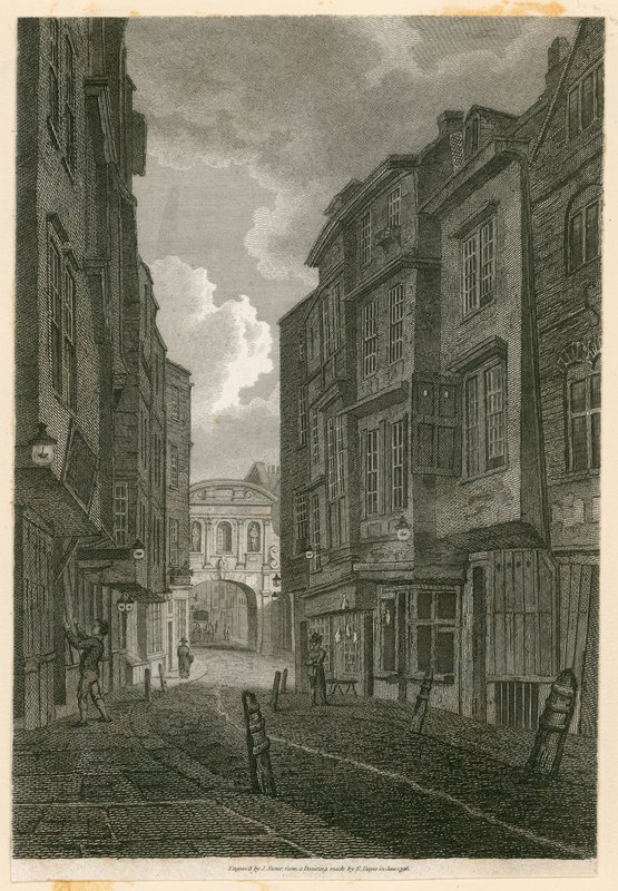 Butcher Row, olhando de Temple Bar, baseado em um desenho de Edward Dayes, 9 de junho de 1796 de English School