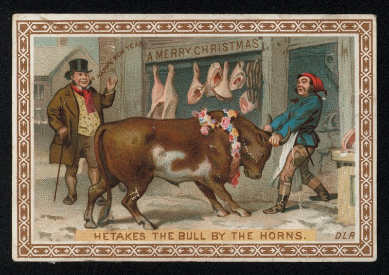 Carniceiro a puxar um touro para a sua loja, cartão de boas festas de Natal. (chromolitho) de English School