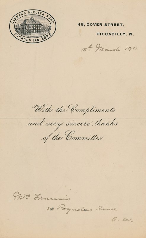 Cabmens Shelter Fun, fundada em janeiro de 1875. Carta de English School