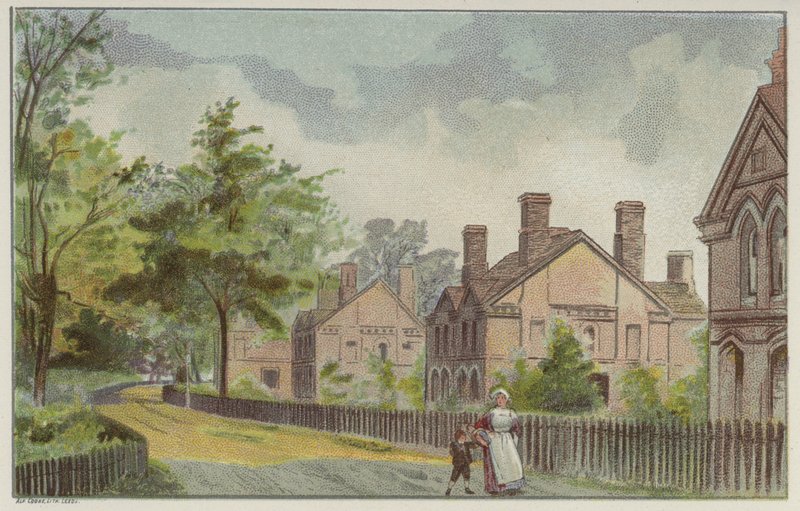 Casas de campo dos trabalhadores da Cadbury, Bournville, Birmingham (chromolitho) de English School
