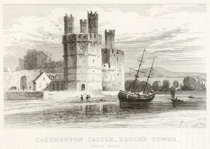 Castelo de Caernarvon, Torre da Águia, Gales do Norte (gravura) de English School