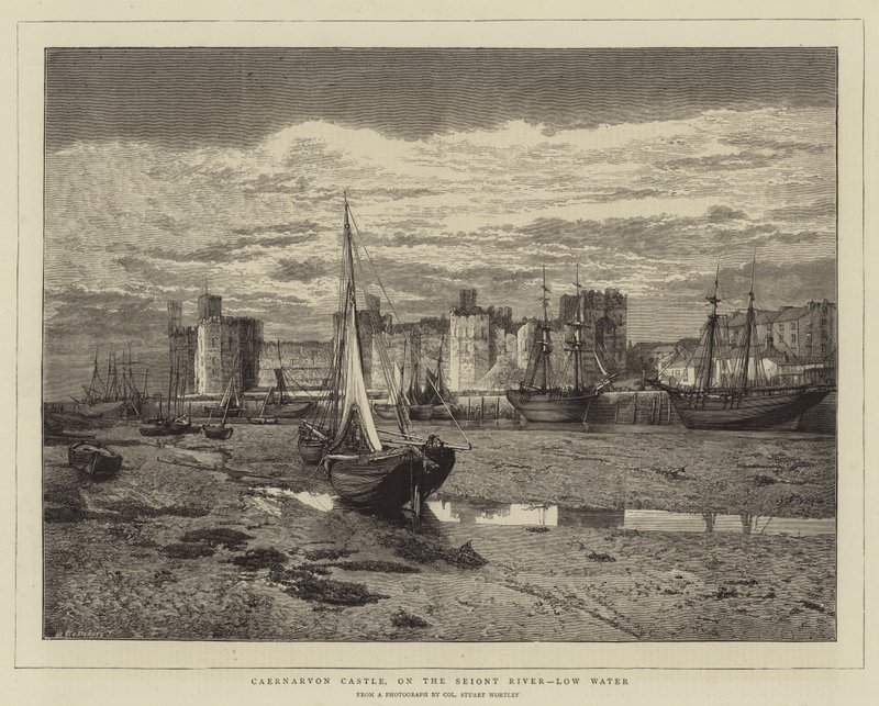 Castelo de Caernarvon, sobre o rio Seiont, Água Baixa (gravura) de English School