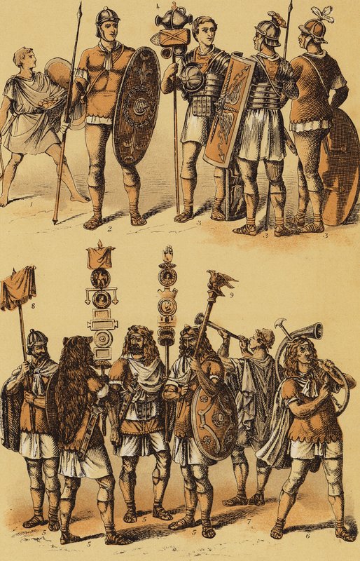 César, Guerra das Gálias: soldados romanos (litografia a cores) de English School