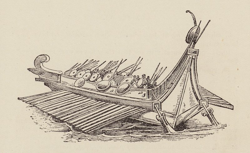 César, Guerra das Gálias: navio de guerra romano (litografia) de English School