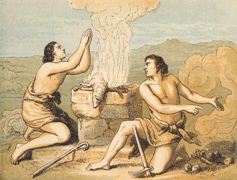 O Sacrifício de Caim e Abel (gravura colorida) de English School