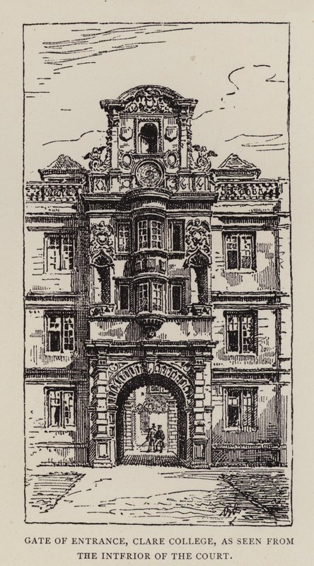 Cambridge: Gate of Entrance, Clare College, como visto do Interior do Tribunal (gravura) de English School